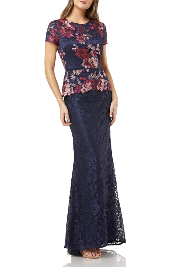 JS Collections Lace Peplum Dress - Navy Fuchsia
