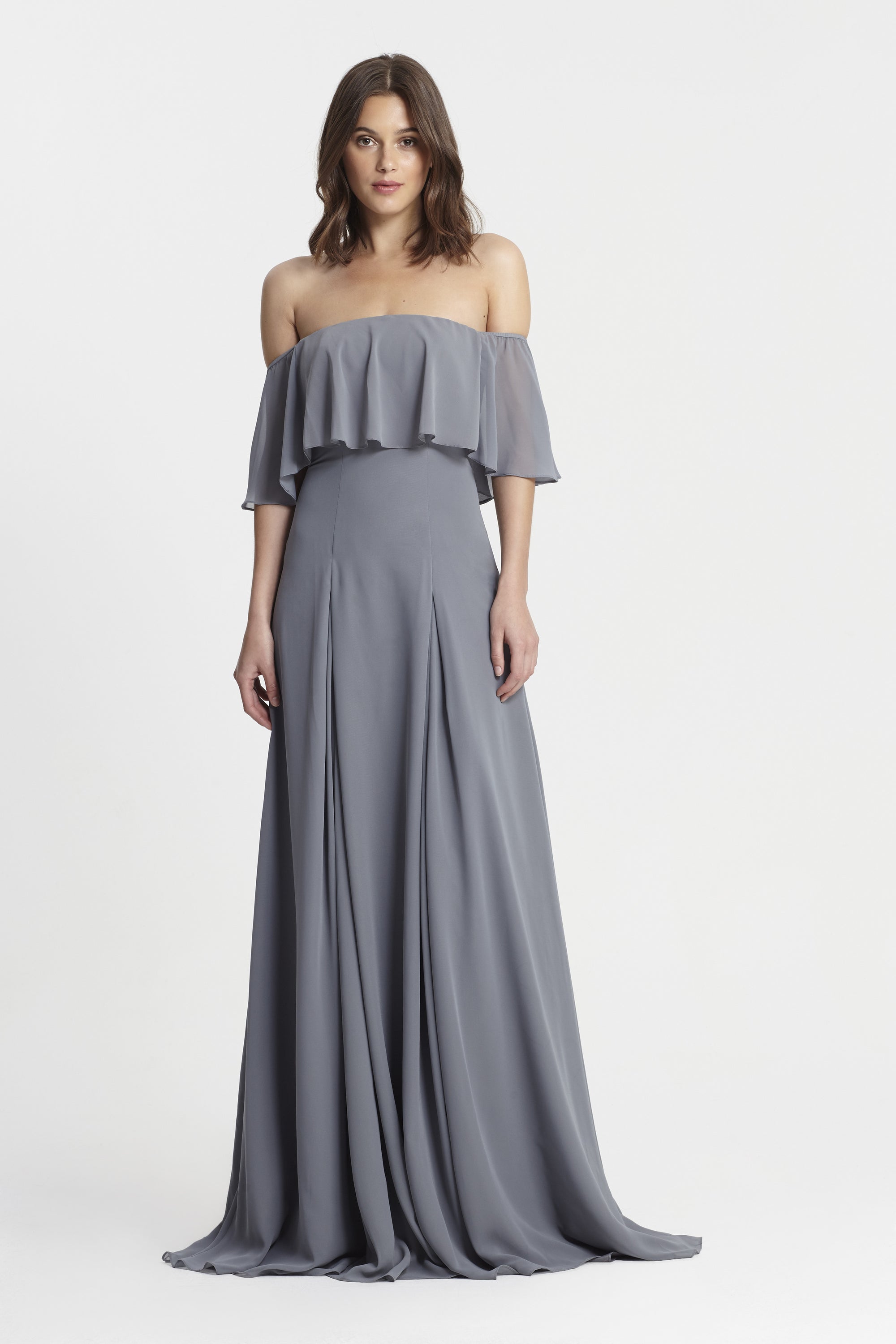 Monique Lhuillier Off the Shoulder Chiffon Gown - Steel Gray