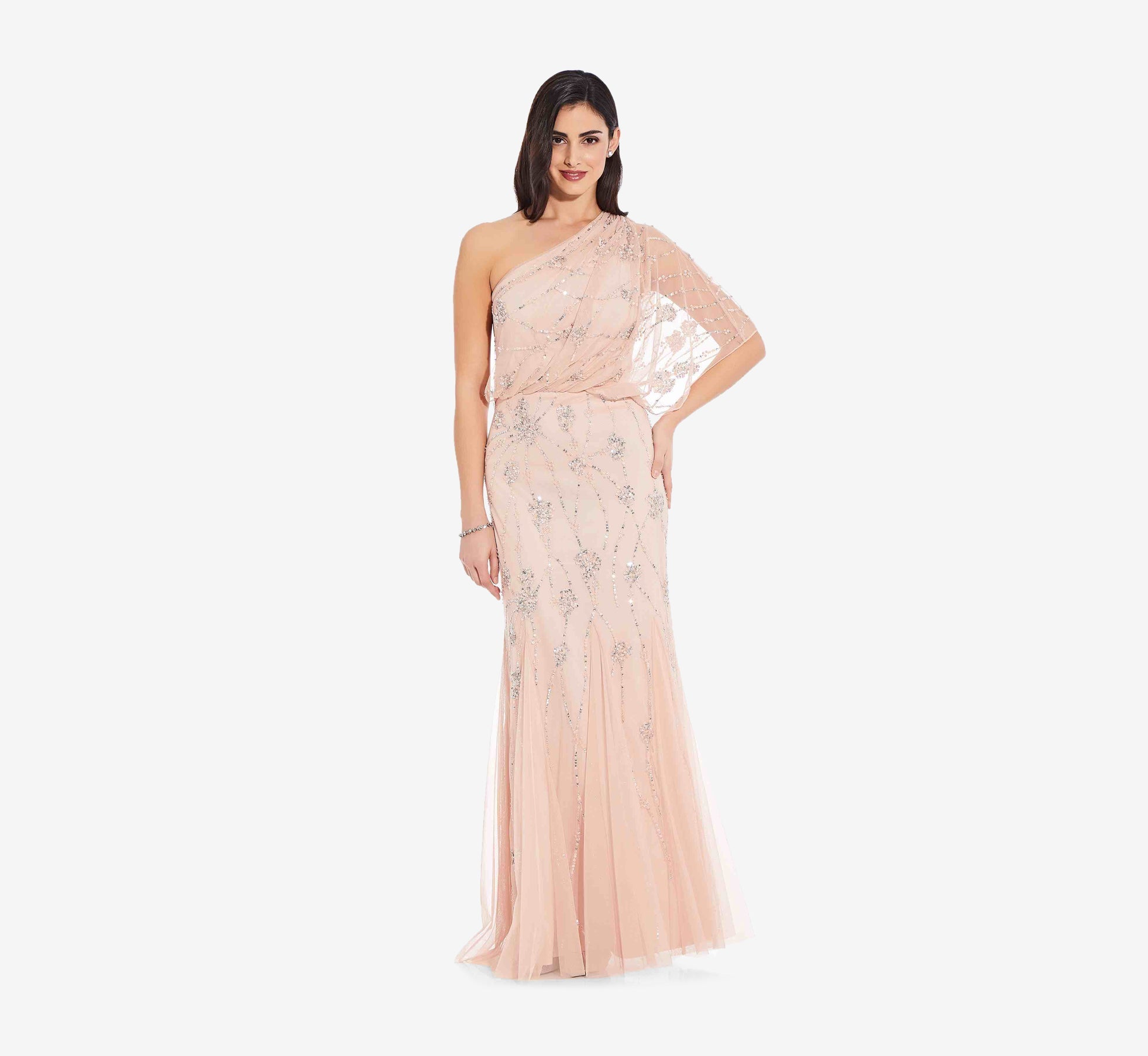 Adrianna Papell One Shoulder Beaded Gown - Blush