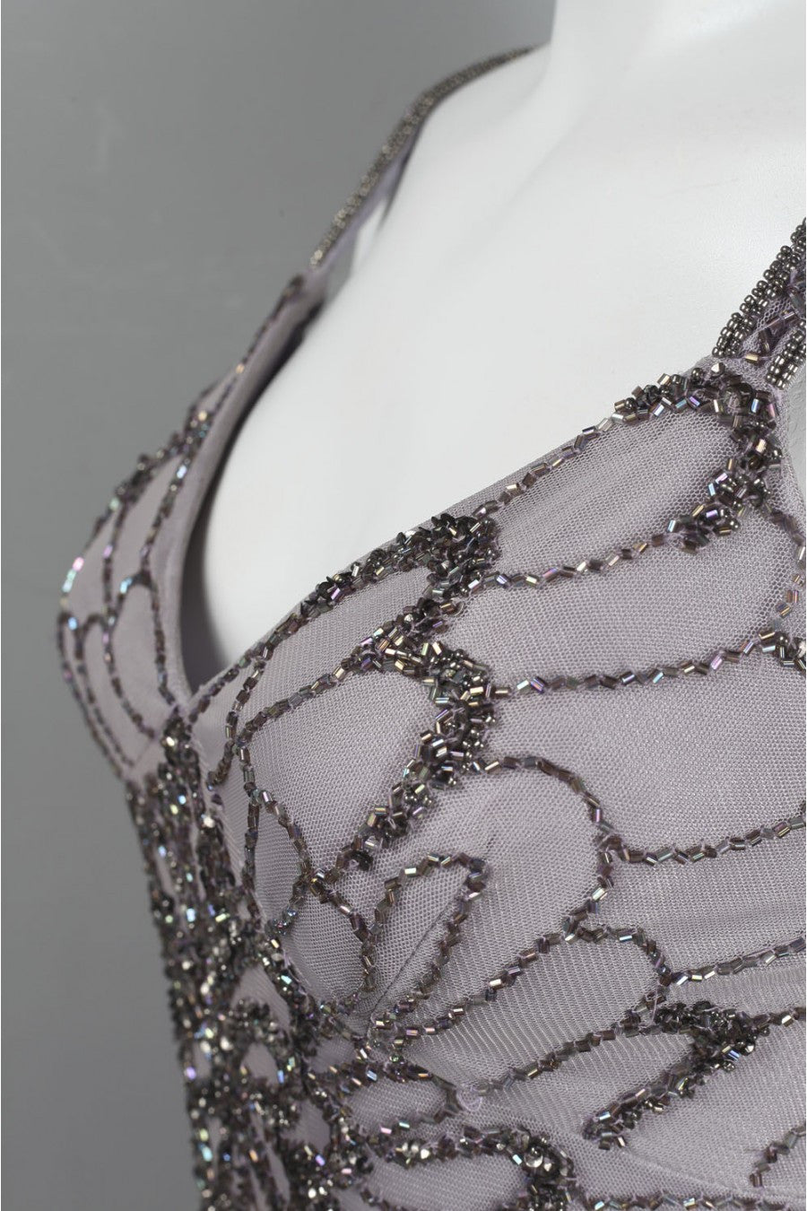 Adrianna Papell Beaded Backless Mesh Art Deco Gown - Heather Grey